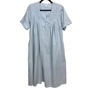 Miss Elaine Mint Green Seersucker Housecoat Est Large Snap Button Embroidered